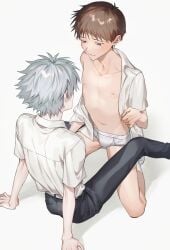 2boys black_pants blue_eyes blush boxers brown_hair bulge collared_shirt grey_hair highres kaworu_nagisa looking_at_another male_focus male_underwear multiple_boys neon_genesis_evangelion nipples no_visible_genitalia open_clothes open_shirt pants petite quwo shinji_ikari shirt short_bangs short_hair short_sleeves small_ass straight_hair underwear white_background white_male_underwear white_shirt yaoi