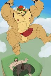 2boys anthro anthro_on_human ass bara bowser cock_ring erect_penis falling gay giant_ass huge_ass imminent_crush imminent_death luigi male male/male male_only mario_(series) massive_ass massive_butt multiple_boys muscular muscular_ass muscular_male nintendo oldshep outdoors super_mario_bros. yaoi