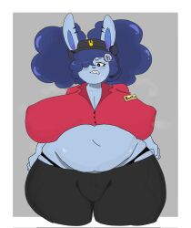 big_belly big_breasts blue_fur blue_hair bulge bunny_ears busty_boy chubby chubby_anthro chubby_male commission errorplush furry hair_over_one_eye huge_breasts one_eye_covered original_character rabbit rabbit_ears uniform wide_hips