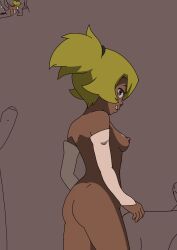 1girls 2boys amalia armwear armwear_only ass breasts dark-skinned_female dark_skin green_hair imminent_sex imminent_spitroast looking_back naked nude nude_female penis princess_amalia_sheran_sharm sadida smile spitroast standing sunnie threesome wakfu