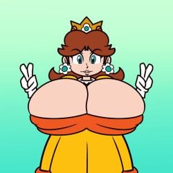 1girls animated big_breasts blue_eyes bouncing_breasts breasts brown_hair bursting_breasts busty cleavage double_v dress female female_only huge_breasts looking_at_viewer mario_(series) massive_breasts nintendo princess princess_daisy short_hair smile solo teaset_haliley v voluptuous