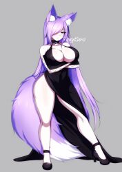 black_dress cleavage cleavage_dress dirtykuro dress evening_dress evening_gown fox_ears fox_girl foxgirl foxykuro hair_covering_eye hair_covering_one_eye hair_over_eye hair_over_one_eye hair_over_one_eyes kitsune kuro_(foxykuro) long_hair long_purple_hair original purple_eyes purple_hair purple_hair_female purple_heels side_slit slit_dress