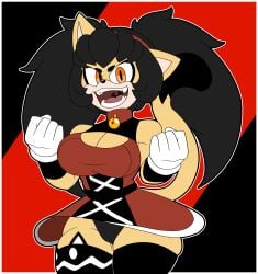 2021 anthro bell_collar big_hair black_hair blindstash breasts cat_ears cleavage clothed clothing dress fangs female gloves hi_res honey_the_cat looking_at_viewer orange_eyes sega short_skirt solo sonic_(series) sonic_the_hedgehog_(series) tongue yellow_body