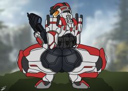 1girls 2019 ass ass_focus blindstash halo_(game) halo_(series) halo_reach holding_gun looking_back power_armor spartan_(halo) squat squatting viewed_from_behind