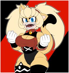 2021 anthro bell_collar big_hair blindstash blue_eyes breasts cat_ears cleavage clothed clothing dragon_ball dragon_ball_z fangs female gloves hi_res honey_the_cat leotard looking_at_viewer sega solo sonic_(series) sonic_the_fighters super_form super_saiyan tongue yellow_body yellow_hair