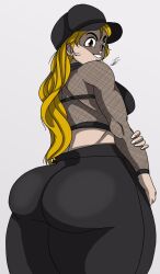 1girls 2019 ass ass_focus blindstash blonde_hair brown_eyes cap clothed clothing crop_top female fishnet_topwear looking_at_viewer nails original original_character solo sweatpants viewed_from_below