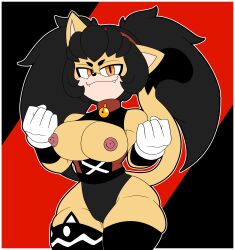 2021 anthro bedroom_eyes bell_collar big_hair black_hair blindstash boobs breasts breasts_out cat_ears clothing fangs female gloves hi_res honey_the_cat leotard looking_at_viewer nipples orange_eyes sega solo sonic_(series) sonic_the_hedgehog_(series) tits yellow_body