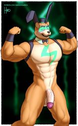 anthro balls bunny_costume clothing costume five_nights_at_freddy's five_nights_at_freddy's:_security_breach flexing flexing_bicep flexing_both_biceps flexing_muscles freddy_(fnaf) genitals glamrock_freddy_(fnaf) glowing glowing_eyes hi_res leaking_penis male male_only matthew-x muscular muscular_anthro muscular_male penis scottgames steel_wool_studios vein veiny_penis