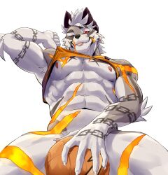 1boy abs absurdres cat_n1p covering_crotch furry furry_male highres male male_only nipples q'ursha_(tokyo_afterschool_summoners) sleeveless_shirt solo tokyo_afterschool_summoners white_fur