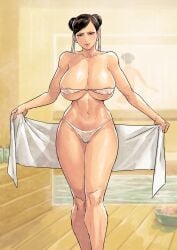 1girls absurdres alternate_breast_size areola_slip bikini breasts brown_hair capcom chun-li cirenk cleavage commentary_request covered_erect_nipples double_bun earrings female hair_bun hair_ribbon highres holding holding_towel huge_breasts jewelry long_legs looking_at_viewer mirror navel reflection ribbon sauna short_hair solo standing steam strapless strapless_bikini street_fighter sweatdrop swept_bangs swimsuit thick_thighs thigh_gap thighs towel underboob wet wet_clothes white_bikini wooden_floor