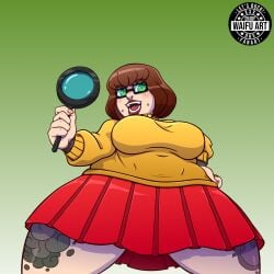 brown_hair busty female_only glasses green_eyes hanna-barbera looking_at_viewer nerd nerdy_female pierced_lip piercing scooby-doo short_hair tattoo tattoo_on_legs tattooed_arm turtleneck turtleneck_sweater velma_dinkley voluptuous waifuartdhv