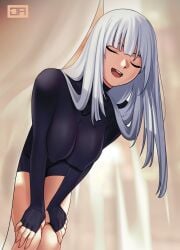 :d ak-12_(girls'_frontline) bent_over bodysuit breasts closed_eyes covered_nipples curtains facing_viewer female fingernails girls'_frontline grey_hair hands_on_own_knees hanging_breasts highres j_adsen leaning_forward long_hair nipple_bulge open_mouth signature smile solo