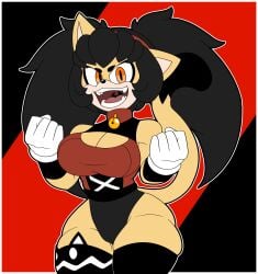 2021 anthro bell_collar big_hair black_hair blindstash breasts cat_ears cleavage clothed clothing fangs female gloves hi_res honey_the_cat leotard looking_at_viewer orange_eyes sega solo sonic_(series) sonic_the_hedgehog_(series) tongue yellow_body