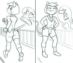 1boy 2023 2koma animan animanstudios anthro arms_bent ass beauty_mark big_eyes biped blazer bodily_fluids bottomwear bulge button_(fastener) cartoon_network clothed clothed_anthro clothed_male clothing comic curved_eyebrows detailed_bulge digital_drawing_(artwork) digital_media_(artwork) domestic_cat duo eggplant exclamation_point eyebrow_through_hair eyebrows eyelashes fangs felid feline felis femboy fingers food footwear fruit fully_clothed girly hair hands_on_hips hands_on_own_hips hi_res hotpants humanoid_hands looking_back male male_only mammal monochrome motion_lines motion_outline mouth_closed musical_note no_irises offscreen_character ok_k.o.!_let's_be_heroes peach_(fruit) pictographics plant plantigrade prick_ears pupils purrcival raised_eyebrow raised_heel redout shoes short_hair shorts socks speech_bubble surprise sweat sweatdrop tail teeth three-quarter_view translucent translucent_hair vamonos_de_fiesta_a_factory walking wide_eyed wide_hips