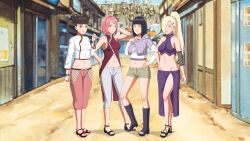 4girls big_breasts blonde_hair borusumi boruto:_naruto_next_generations breasts brown_hair clothing female female_only full_body hyuuga_hinata ino_yamanaka long_hair looking_at_viewer mature mature_female milf multiple_girls naruto naruto_(series) pink_hair purple_hair sakura_haruno skimpy skimpy_clothes small_breasts smile take_your_pick tenten