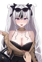 1boy 1girls @_@ alternate_costume assisted_exposure azur_lane bag black_bra black_hair blush bra cleavage earrings elbe_(azur_lane) elbe_(pure-hearted_bad_girl)_(azur_lane) eyebrows_visible_through_hair grey_hair handbag iron_blood_(azur_lane) light-skinned_female light-skinned_male light_skin necklace official_alternate_costume rk_(cc15915r/rk8135) sunglasses sunglasses_on_head sweater twintails two_tone_hair