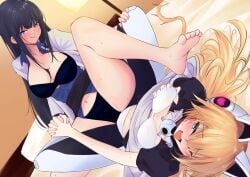 2girls alternate_version_available animal_ears barefoot betty_(girls'_frontline_nc) black_bra black_hair black_panties blonde_hair blue_eyes blue_shirt blush bra breasts cat_ears cat_tail cleavage clothed_sex feet female_professor_(girls'_frontline_nc) girls'_frontline girls'_frontline_neural_cloud holding_hands idw_(girls'_frontline) labcoat large_breasts licking_lips long_hair lying maid mechanical_legs multiple_girls navel ohichi16 on_back one_eye_closed open_clothes open_mouth open_shirt panties professor_(girls'_frontline_nc) shirt smile soles sweat tail toes tongue tongue_out tribadism tribadism_through_clothes uncensored_version_at_paywall uncensored_version_available underwear white_bra white_panties yuri