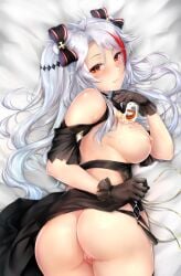 antenna_hair ass azur_lane black_dress black_gloves bow breasts censored clothes_lift clothing_cutout cognac cross dakimakura_(medium) dress female gloves iron_blood_(emblem) iron_cross large_breasts lifted_by_self long_hair looking_at_viewer looking_back mole mole_on_breast multicolored_bow multicolored_hair nipples open_clothes prinz_eugen_(azur_lane) prinz_eugen_(cordial_cornflower)_(azur_lane) pussy red_hair rei_kun shoulder_cutout solo twintails two_side_up white_hair yellow_eyes