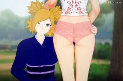 2girls 3d ass ass_grab ass_worship back_view boruto:_naruto_next_generations bottomless bottomless_female china_dress dress faceless_female facing_away facing_viewer from_behind front_view holding_object kimono koikatsu legs_together long_hair looking_at_viewer lower_body multiple_girls naruto naruto_(series) one_eye_closed otsukira panties parted_bangs ponytail presenting presenting_ass presenting_hindquarters presenting_partner quad_tails short_hair teal_eyes temari tenten underwear wink yellow_hair yuri