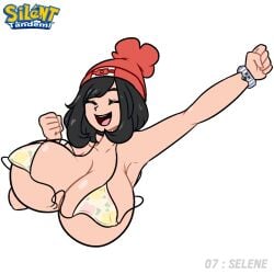 alternate_breast_size bikini_top black_hair closed_eyes hat huge_breasts mega_bracelet pokemon pokemon_sm selene_(pokemon) silenttandem