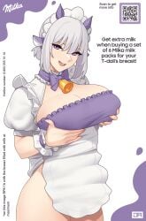 apron bell breast_lift breasts english_text fake_ad fake_advertisement female girls'_frontline grabbing_own_breast grey_hair huge_breasts j_adsen jingle_bell looking_at_viewer maid_headdress milka_(chocolate) neck_bell open_mouth puffy_short_sleeves puffy_sleeves purple_eyes qr_code round_teeth rpk-16_(girls'_frontline) short_hair short_sleeves shrug_(clothing) solo teeth upper_teeth_only white_apron wrist_cuffs