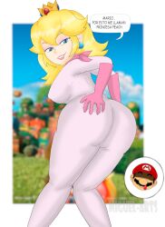 1boy 1girls alternate_version_available ass big_ass big_breasts big_butt blonde_hair blue_eyes bodysuit clothed earrings eyeshadow female female_focus lipstick long_hair looking_at_viewer looking_back male mario mario_(series) miguel-arts nosebleed offscreen_character princess_peach seductive_look skin_tight smile solo_focus spanish_text speech_bubble super_mario_bros. super_mario_bros._(2023_film) text thick_ass thick_thighs white_skin yellow_hair