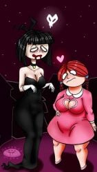 2girls adult_swim big_breasts chubby cleavage cleavage_cutout creepy_susie drooling female female_focus female_only goth heart helga_phugly shortstack taller_girl the_oblongs thick_thighs tummy_bulge