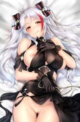 antenna_hair azur_lane black_dress bow breasts censored clothes_lift clothing_cutout cross dakimakura_(medium) dress female iron_blood_(emblem) iron_cross large_breasts lifted_by_self long_hair looking_at_viewer mole mole_on_breast multicolored_bow multicolored_hair nipples open_clothes prinz_eugen_(azur_lane) prinz_eugen_(cordial_cornflower)_(azur_lane) pussy red_hair rei_kun shoulder_cutout solo twintails two_side_up white_hair yellow_eyes