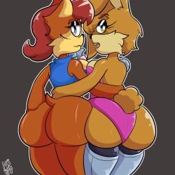 2girls anthro archie_comics arm_around_waist ass ass-to-ass ass_to_ass big_ass big_butt black_nose blue_eyes breasts breasts_to_breasts brown_body brown_fur brown_hair brown_skin bubble_ass bubble_butt bunnie_rabbot bunny bunny_girl bunny_tail chipmunk clothed clothing curvy curvy_figure cybernetic_arm cybernetic_limb cybernetics dat_ass eyelashes fur furry green_eyes grey_background ground_squirrel huge_butt looking_at_viewer looking_back mammal mobian_(species) multicolored_hair nervous nokdeusneony onesie rabbit rabbit_ears rabbit_tail red_hair robotic_arm robotic_leg rodent sally_acorn sega short_hair sonic_(series) sonic_satam sonic_the_hedgehog_(archie) sonic_the_hedgehog_(comics) sonic_the_hedgehog_(series) tail tan_body tan_fur tan_skin thick_ass