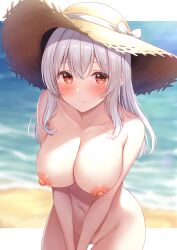 1girls beach hat karutamo large_breasts long_hair looking_at_viewer nipples nude original pussy red_eyes smile solo sun_hat uncensored white_hair