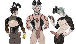 abs alhaitham_(genshin_impact) arataki_itto bunny_ears bunnysuit genshin_impact genzonillablack huge_ass huge_cock male_focus male_only muscular muscular_male reading_book tattoos tongue_out zhongli_(genshin_impact)