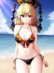 ai_generated beach bikini blonde_hair junko_(touhou) medium_breasts red_eyes swimsuit touhou