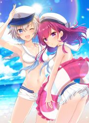 2girls :d :o absurdres ahoge ass bad_id bad_pixiv_id bare_shoulders beach blue_eyes blunt_bangs breasts buoy chiwa_(chiwawanwan1206) dress hair_ornament hand_up hat highres human human_only looking_at_viewer magia_record:_mahou_shoujo_madoka_magica_gaiden mahou_shoujo_madoka_magica multiple_girls one_eye_closed open_mouth parted_lips pink_eyes pink_hair puella_magi_madoka_magica sailor_dress sailor_hat shinobu_akira_(madoka_magica) short_hair silver_hair sky small_ass small_breasts smile star_(symbol) star_hair_ornament tokiwa_nanaka tomboy white_skin yuri