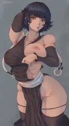 1girls alternate_breast_size arm_behind_head arm_up big_breasts black_eyes black_hair bleach blunt_bangs braids breasts child_bearing_hips curvaceous curvy dimples_of_venus feet_out_of_frame female female_only g-string hourglass_figure kimono kuromoro nipples no_bra one_breast_out panties panties_down pinup presenting presenting_breasts short_hair soifon solo solo_focus standing twin_braids voluptuous wide_hips