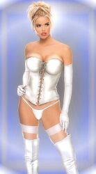 ai_generated beauty_mark blonde_hair blue_eyes breast_press breasts chillyplasma corset elbow_gloves emma_frost hair_bun hair_up hellfire_club laced_corset marvel marvel_comics panties pussy_bulge realistic thighhighs white_queen x-men