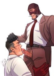 2boys blowjob clothed clothed_sex clothing egabbacc male_only mask masked masked_male medic medic_(team_fortress_2) oral oral_sex penis_out penis_through_fly smoking spy spy_(team_fortress_2) team_fortress_2