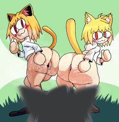 1boy 2girls 2girls1boy alternate_version_available anus artist_name ass ass_focus ass_grab big_ass big_butt bottom_heavy bottomless cat_ears cat_girl cat_humanoid cat_tail catboy catgirl fat_ass female grabbing_own_ass huge_ass huge_butt huge_thighs imminent_anal imminent_sex large_ass male melty_blood musk musk_clouds musky_butt neco-arc neco-arc_chaos self_upload slightly_chubby straight sweat sweatdrop sweating sweaty sweaty_body sweaty_butt thick_ass thick_thighs tsukihime wiirart