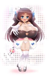 bell bell_collar black_clothes blue_bow blue_eyes blush bow_legwear brown_hair cat_ear_headphones cat_ears cat_girl cleavage cleavage_cutout collar commission commissioner_upload cow_print dark_skin dress elbow_gloves fang feet female full_body gloves hair_ornament hairbow halterneck hand_on_breast headphones headset heart kane-neko knock-kneed large_breasts long_hair looking_at_viewer mary_janes mouth_fang naomi_minette open_mouth original original_character panties pink_bow pink_dress pink_ribbon reaching_towards_viewer ribbon ribbon_legwear see-through shiny_breasts shiny_hair shiny_skin shortstack skin_fang small_but_busty smile solo standing tail_bell tail_bow taut_clothes thighhighs top_heavy two_side_up white_dress white_gloves white_legwear zettai_ryouiki