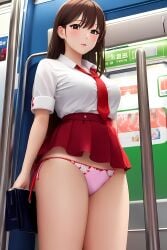 ai_generated brown_eyes brown_hair exhibitionism exhibitionist medium_hair miniskirt panties pink_panties public stable_diffusion subway_train