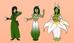 ass_expansion breast_expansion breasts brown_hair female green_hair green_skin inkyfluffdraws large_ass large_breasts lily_(flower) mtf_transformation nipples plant plant_girl plant_transformation species_transformation tagme thick_lips transformation vines