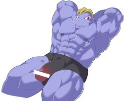 1boy abs arms_up censored machoke male male_focus male_only muscular_male pokémon_(species) pokemon pokemon_(species) pokemon_rgby red_eyes simple_background smile solo veiny_penis walker_(pixiv) white_background