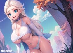 ai_generated audiostick blonde_hair blue_eyes blush breasts bursting_breasts cameltoe choker cleavage disney disney_princess elsa_(frozen) frozen_(film) hi_res high_resolution highres huge_breasts large_breasts long_hair looking_at_viewer midriff panties sleeves smile smiling smiling_at_viewer stable_diffusion underboob watermark wide_hips