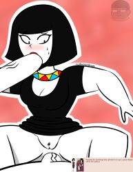 anal asian_female black_hair blowjob bob_cut clarence clothed clothed_female clothed_sex egyptian_female ms_mushburgur red_background