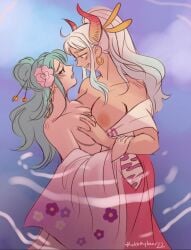 2girls areolae blush breast_grab breasts exposed_breasts female female_only green_hair kimono kimono_pull kozuki_hiyori long_hair multiple_girls nipples oiran okaybeex one_piece romantic wano_country white_hair yamato_(one_piece) yuri