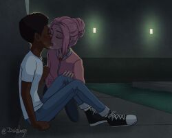 1boy blush brooklynn_(jurassic_world) closed_eyes daminccubs darius_(jurassic_world) dark-skinned_male dyed_hair female freckles french_kiss jurassic_park jurassic_world jurassic_world_camp_cretaceous kissing on_the_floor pink_hair sewer