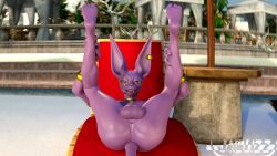 3d anthro anus armwear ass balls barefoot beerus clothing domestic_cat dragon_ball dragon_ball_super feet_up felid feline felis genitals hairless hairless_cat hi_res jaiblizz jewelry leg_grab legs_up looking_at_viewer male male_focus male_only mammal nude purple_body smile smiling_at_viewer solo solo_male sphynx_(cat)