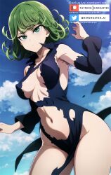 1girls ai_generated black_dress female female_only flying from_below green_eyes green_hair kingmaster looking_at_viewer navel one-punch_man sky sky_background solo tatsumaki thorn_clothes torn_clothes