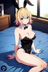 ai_generated animal_ears background bare_legs bare_shoulders bed bedroom black_bow black_bowtie black_leotard blonde_hair blue_eyes bow bowtie breasts cleavage detached_collar fake_animal_ears female hair_between_eyes indoors kanojo_okarishimasu large_breasts leotard looking_at_viewer nanami_mami on_bed pikkiwynn playboy playboy_bunny rabbit_ears rabbit_tail shiny_skin short_hair sitting smile solo strapless strapless_leotard tail thighs window wrist_cuffs