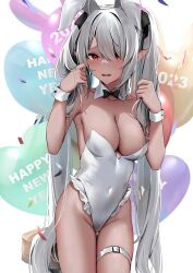 arm_accessory arms_up belt big_breasts blush bowtie bowtie_collar breasts brown_eyes bunny_ears bunnysuit crying ears_down embarrassed extremely_long_hair female female_focus hair hair_between_eyes hair_ornament hair_over_one_eye happy_tears legs_together long_hair medium_breasts new_year new_year_2023 saggy_breasts skai_kun thighs white_belt white_body white_bunnysuit white_hair white_skin white_skinned_female