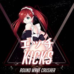 album_cover back_view bubble_butt dat_ass ecchi green_hair huge_breasts italics japanese_text maid pointy_ears red_hair triangle twintails